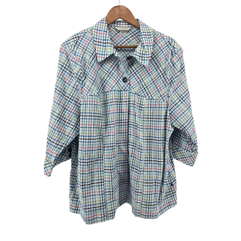 Allison Daley Blouse Womens 22W Plaid Multicolor Seersucker 3/4 Sleeve EUC